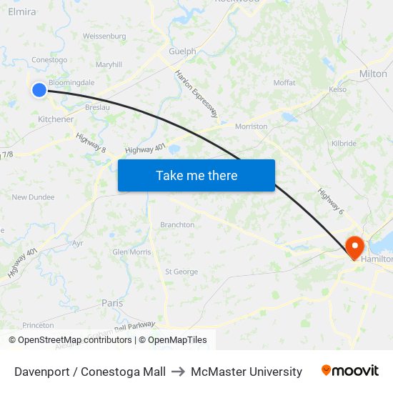 Davenport / Conestoga Mall to McMaster University map