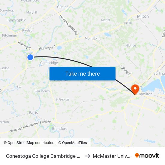 Conestoga College Cambridge Campus to McMaster University map