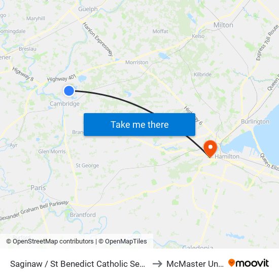 Saginaw / St Benedict Catholic Secondary School to McMaster University map