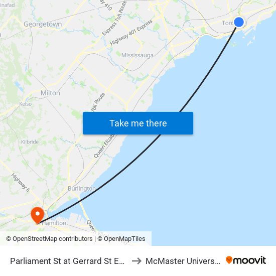 Parliament St at Gerrard St East to McMaster University map