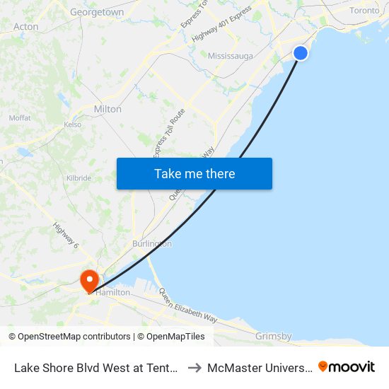 Lake Shore Blvd West at Tenth St to McMaster University map