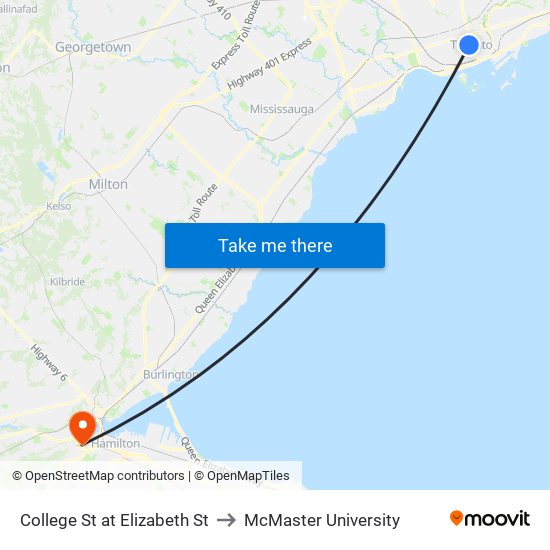 College St at Elizabeth St to McMaster University map