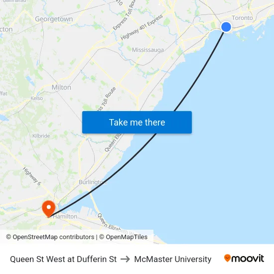 Queen St West at Dufferin St to McMaster University map