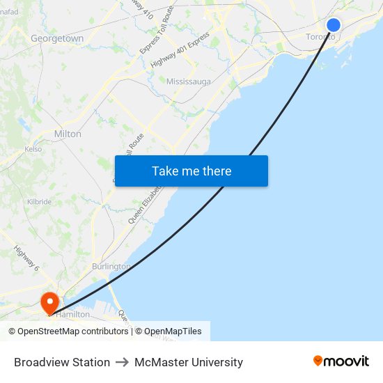 Broadview Station to McMaster University map