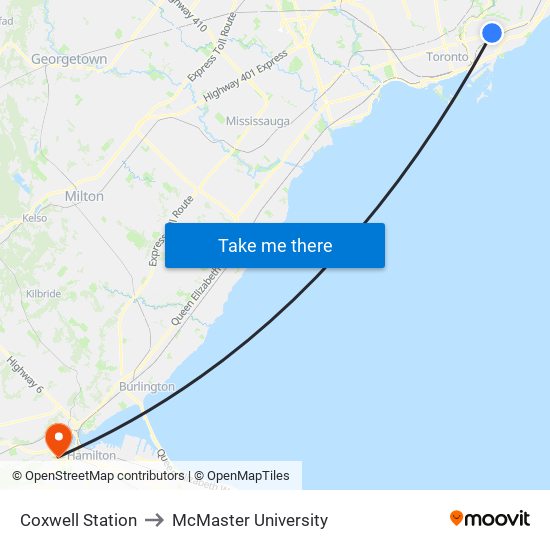 Coxwell Station to McMaster University map