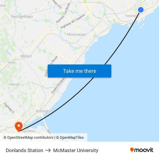 Donlands Station to McMaster University map