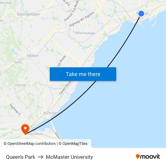 Queen's Park to McMaster University map