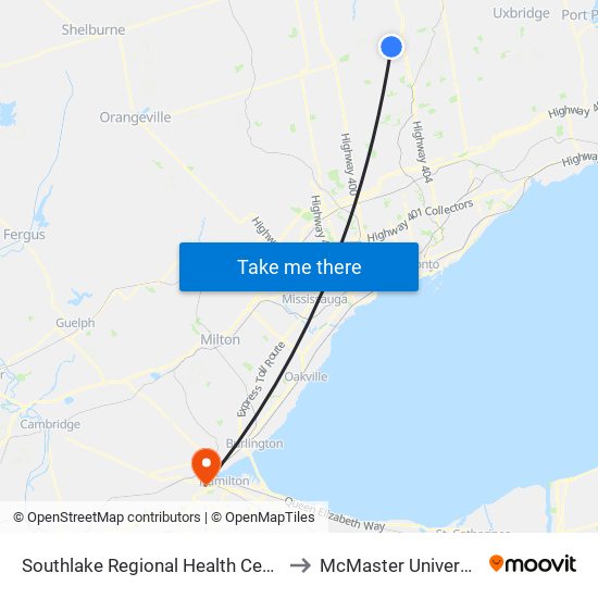 Southlake Regional Health Centre to McMaster University map