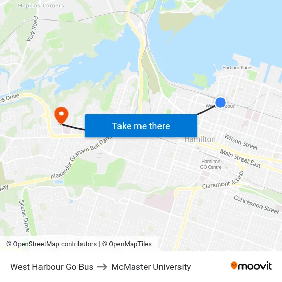 West Harbour Go Bus to McMaster University map