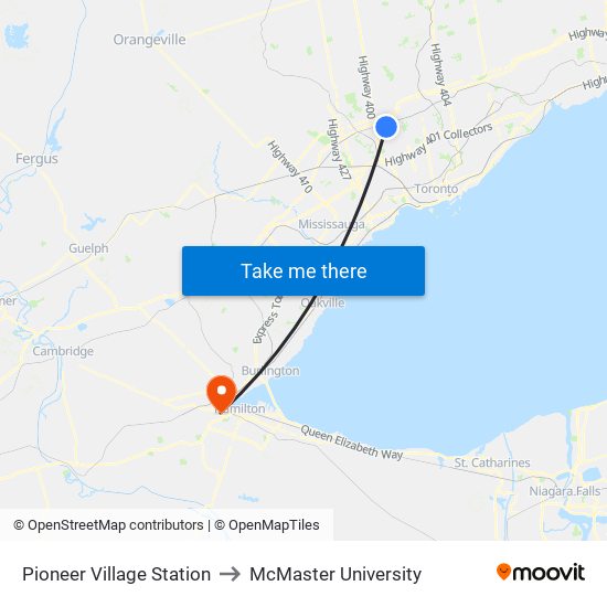 Pioneer Village Station to McMaster University map