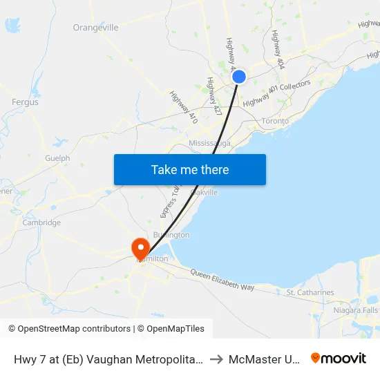 Hwy 7 at (Eb) Vaughan Metropolitan Centre Station to McMaster University map