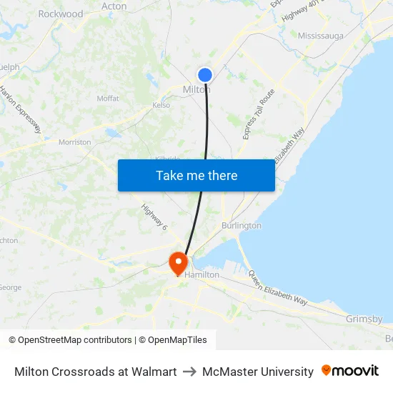 Milton Crossroads at Walmart to McMaster University map