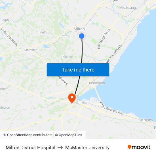 Milton District Hospital to McMaster University map