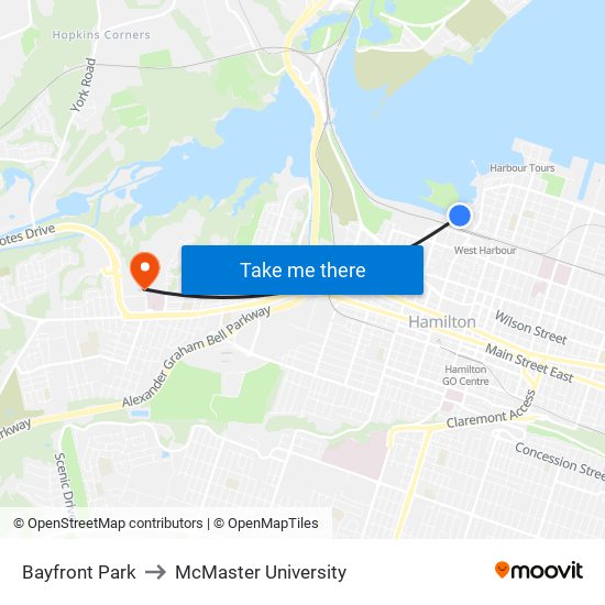 Bayfront Park to McMaster University map