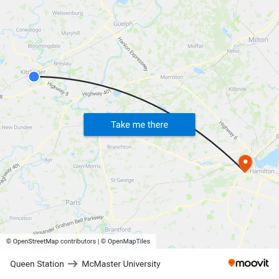 Queen Station to McMaster University map