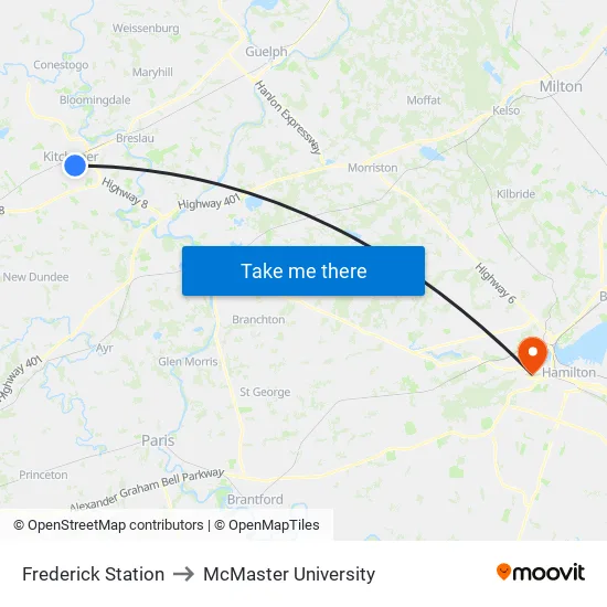 Frederick Station to McMaster University map