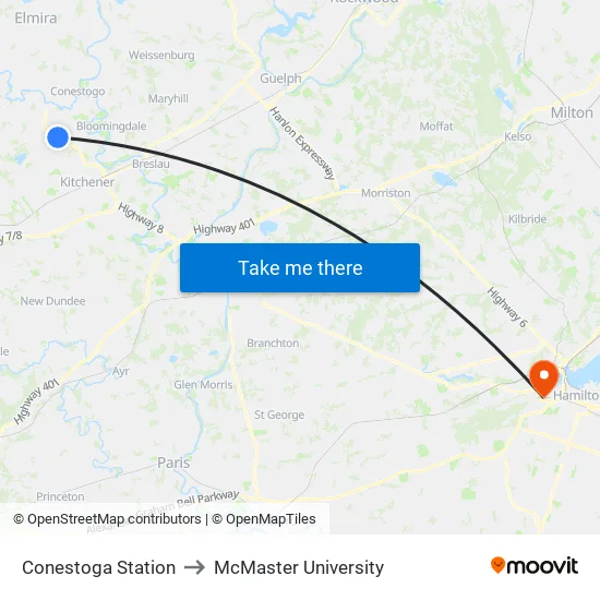 Conestoga Station to McMaster University map