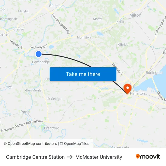 Cambridge Centre Station to McMaster University map