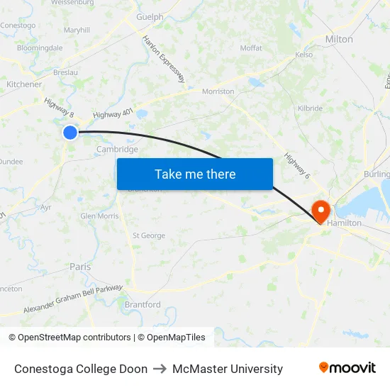Conestoga College Doon to McMaster University map