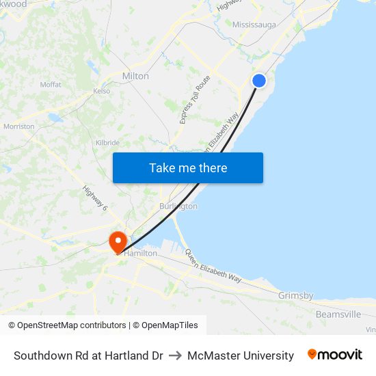 Southdown Rd at Hartland Dr to McMaster University map