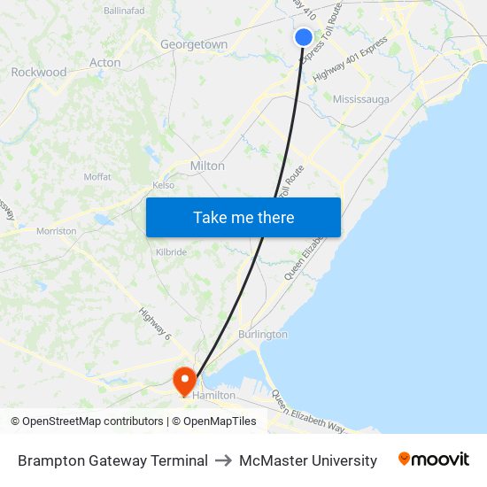 Brampton Gateway Terminal to McMaster University map