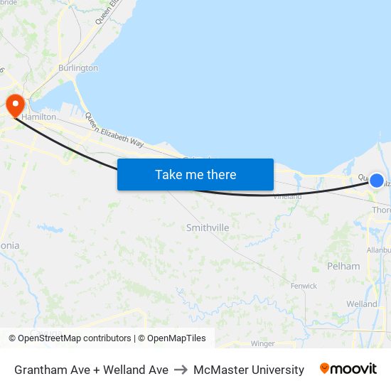 Grantham Ave + Welland Ave to McMaster University map