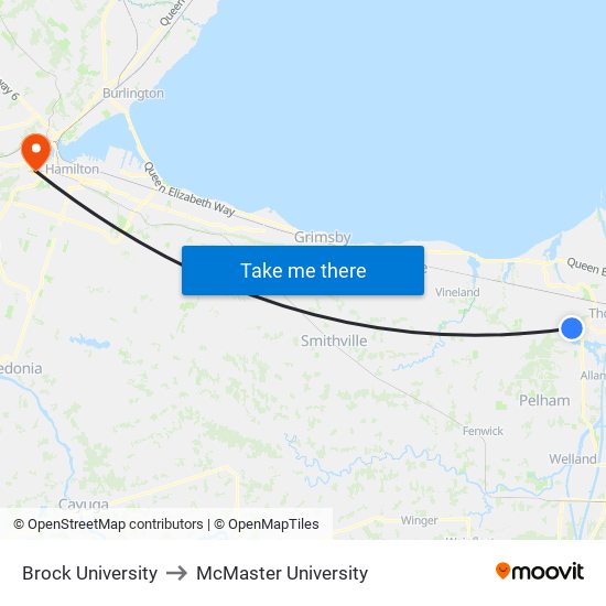 Brock University to McMaster University map