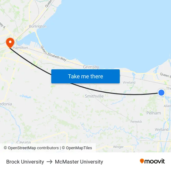 Brock University to McMaster University map