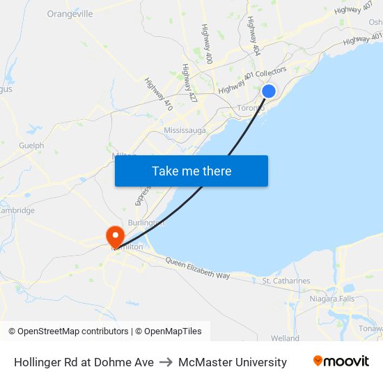 Hollinger Rd at Dohme Ave to McMaster University map