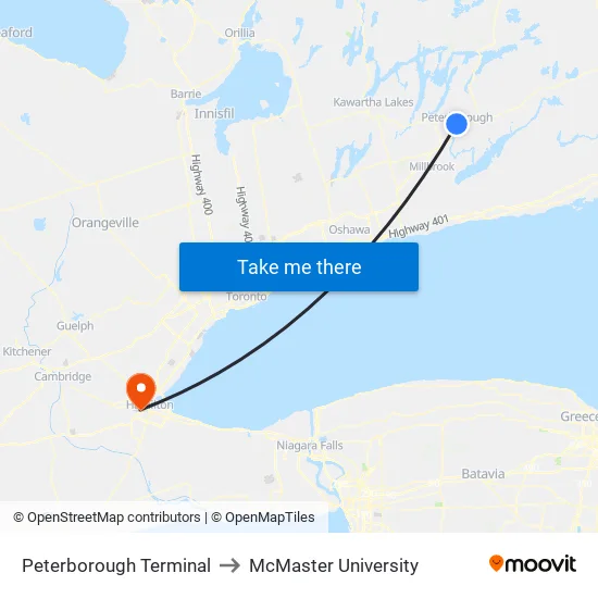 Peterborough Terminal to McMaster University map