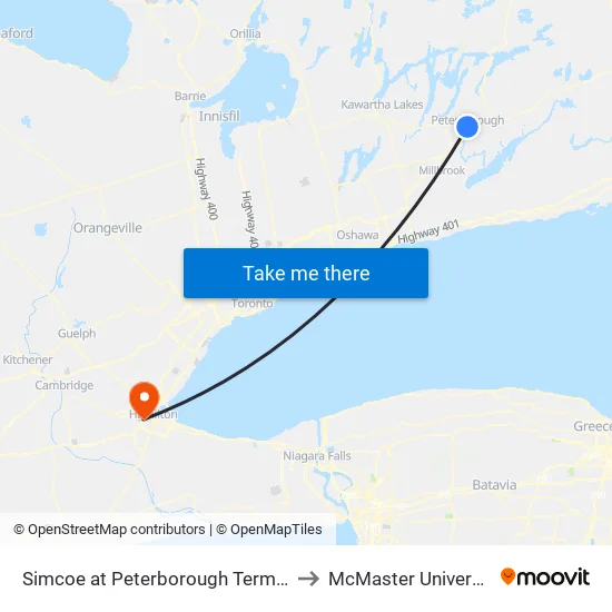 Simcoe at Peterborough Terminal to McMaster University map