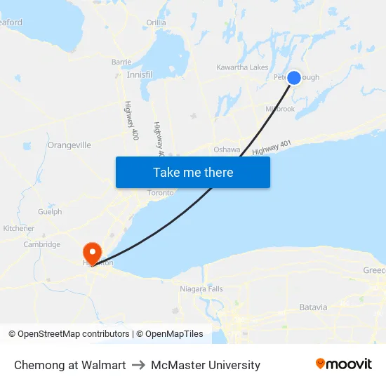 Chemong at Walmart to McMaster University map