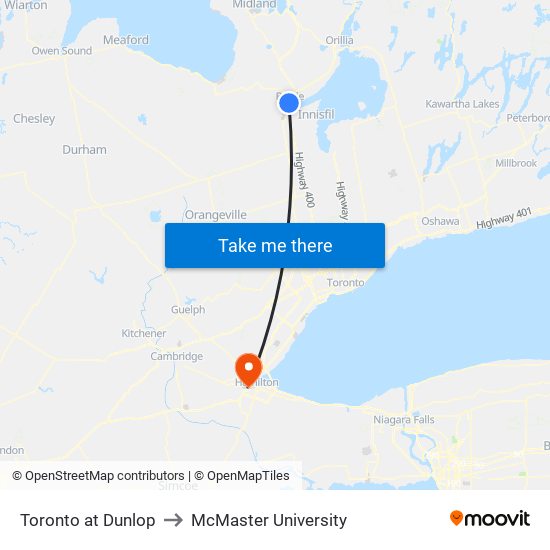 Toronto at Dunlop to McMaster University map