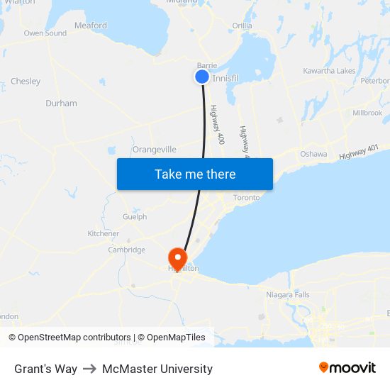 Grant's Way to McMaster University map