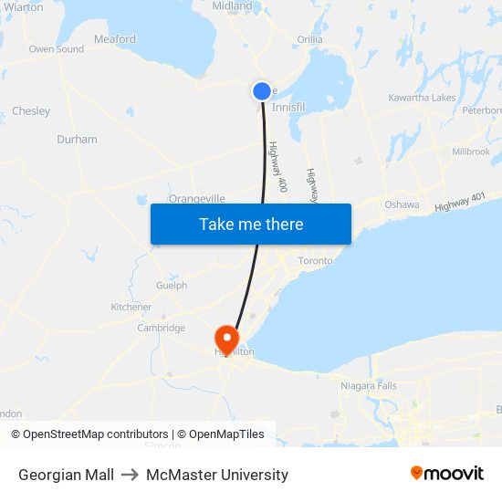 Georgian Mall to McMaster University map