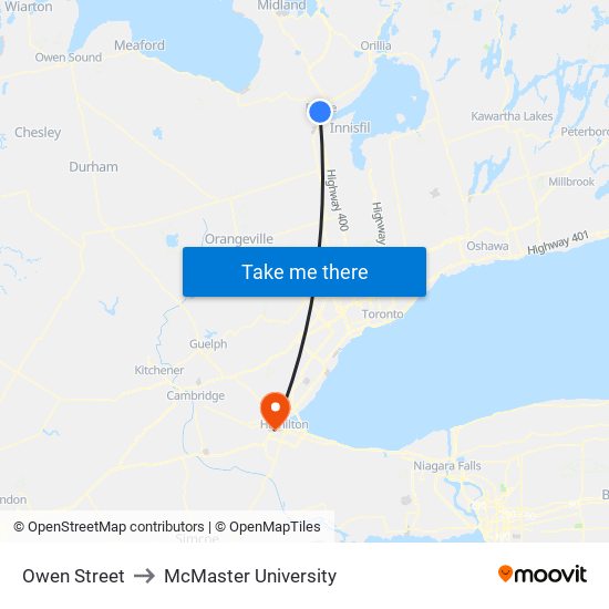 Owen Street to McMaster University map