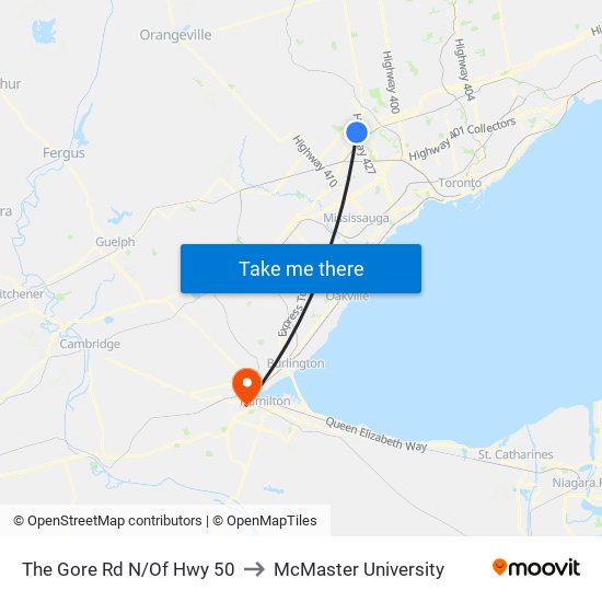 The Gore Rd N/Of Hwy 50 to McMaster University map