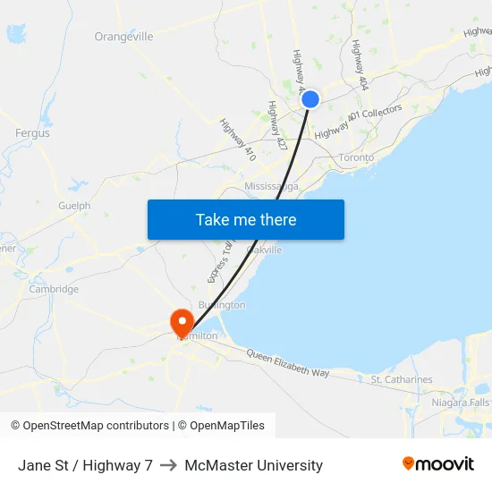 Jane St / Highway 7 to McMaster University map