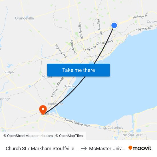 Church St / Markham Stouffville Hospital to McMaster University map