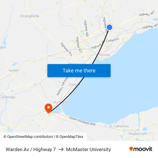 Warden Av / Highway 7 to McMaster University map