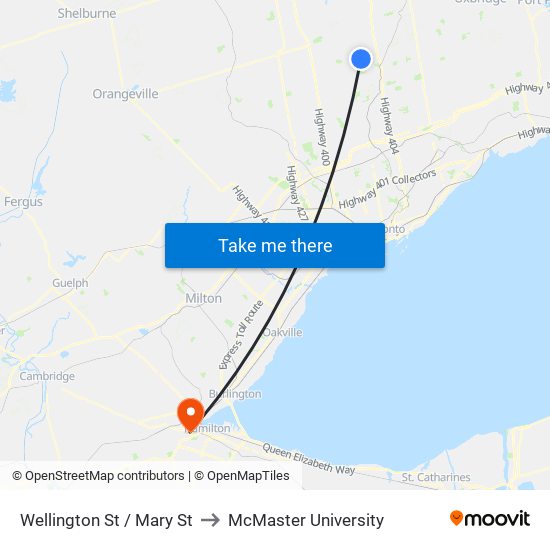 Wellington St / Mary St to McMaster University map