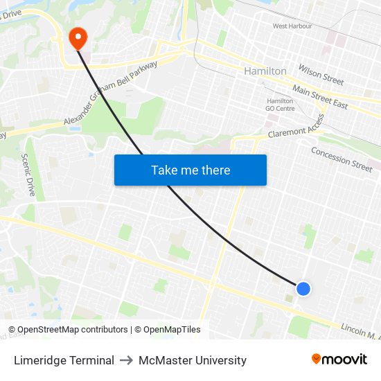 Limeridge Terminal to McMaster University map