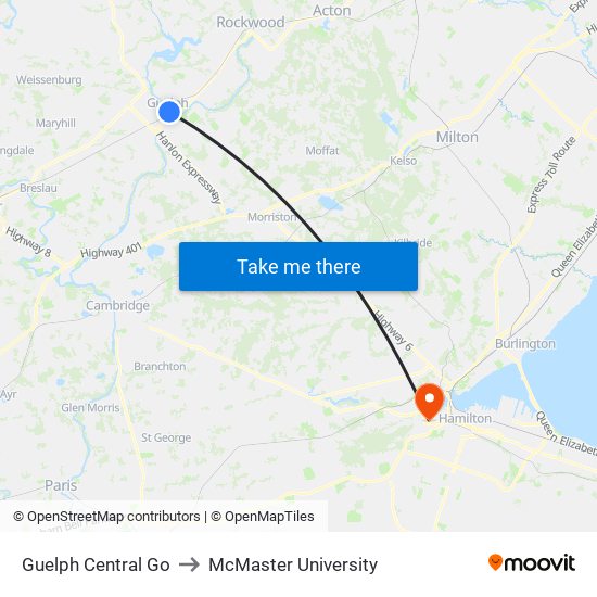 Guelph Central Go to McMaster University map