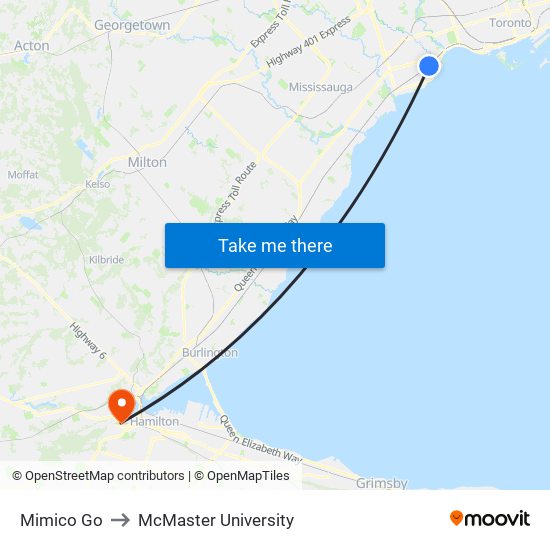 Mimico Go to McMaster University map