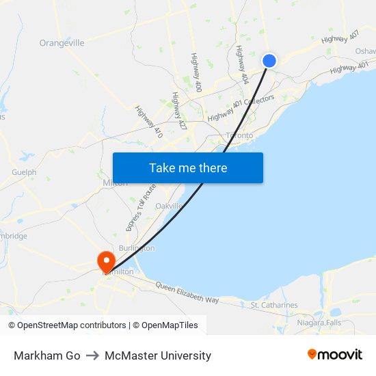 Markham Go to McMaster University map