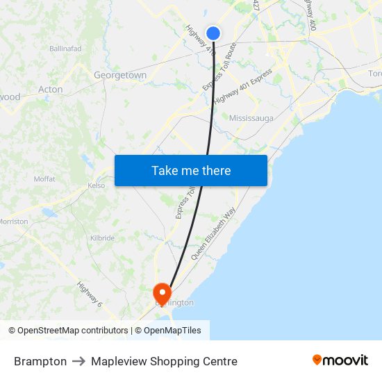 Brampton to Mapleview Shopping Centre map