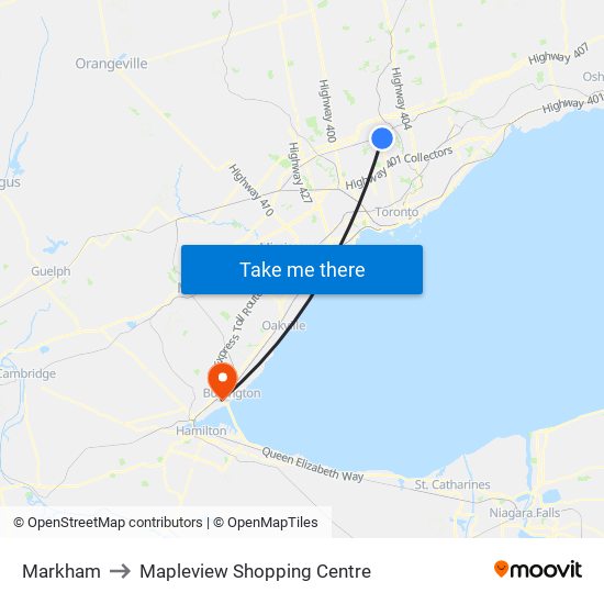 Markham to Mapleview Shopping Centre map