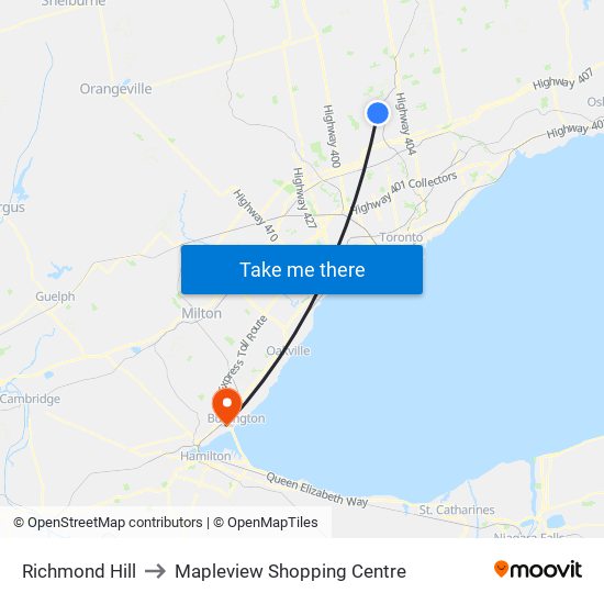Richmond Hill to Mapleview Shopping Centre map