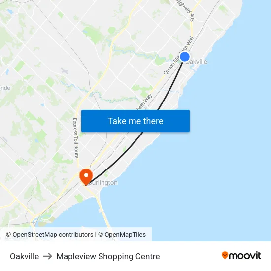 Oakville to Mapleview Shopping Centre map