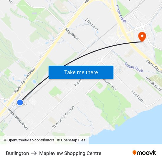 Burlington to Mapleview Shopping Centre map